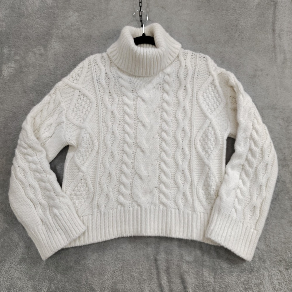 Chunky Cable Knit Fisherman Sweater XS OVERSIZED‎ Cream Turtleneck Wool Blend